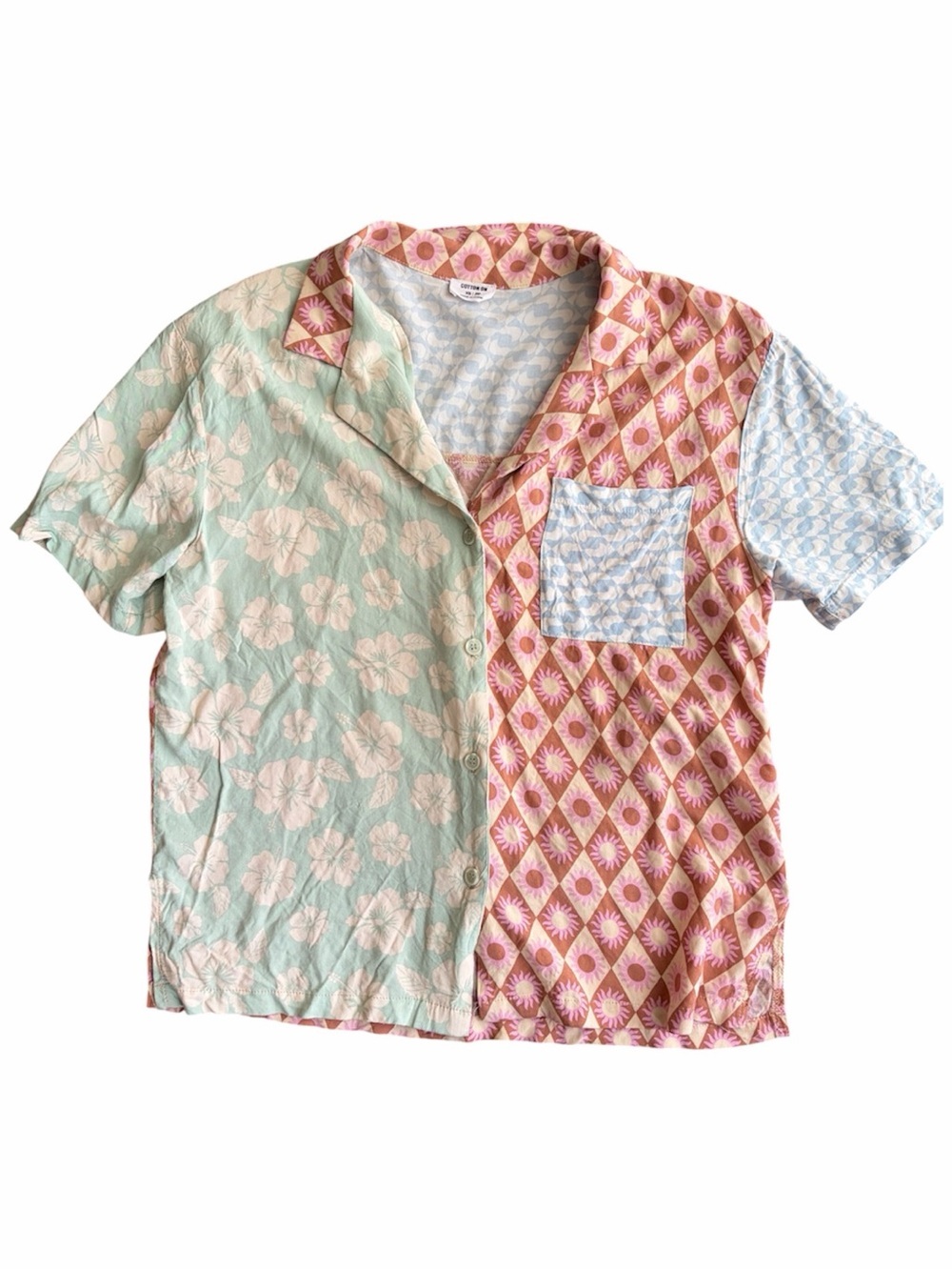 Cotton On Patchwork Button Up Shirt Retro Floral Shirt Coastal Abstract Art Top